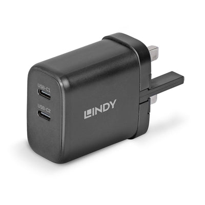 Lindy 65W USB 2 x Type C GaN Charger, Input UK Plug, Output 2 x USB Type C Female, Black