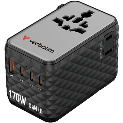Verbatim Charge 'n' Travel 170W Universal Travel Adapter Black, Charge Up To 6 Devices AT Once