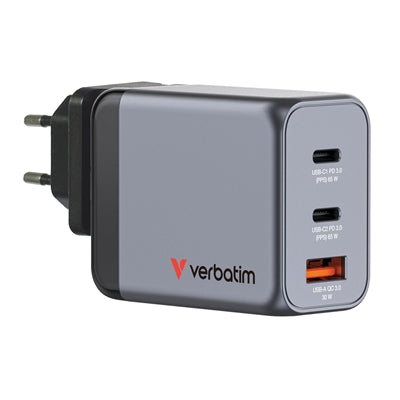 Verbatim GNC-65 GaN Charger 65W with 2 x USB-C PD 65W / 1 x USB-A QC 3.0 (EU/UK/US)