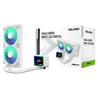 ASRock Challenger 240 Digital AIO Liquid CPU Cooler, 240mm Radiator,White, Dual 120mm PWM ARGB Fans, 3" Digital Display, Intel LGA1700/1851 & AMD AM5/AM4 Compatible