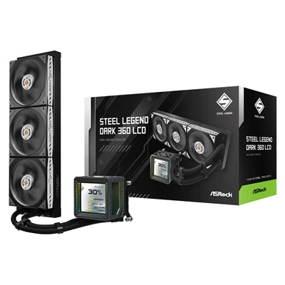 ASRock Steel Legend Dark 360 LCD AIO Liquid CPU Cooler, 360mm Radiator, Triple 120mm PWM ARGB Fans, LCD Display, Intel LGA1700/1851 & AMD AM5/AM4 Compatible
