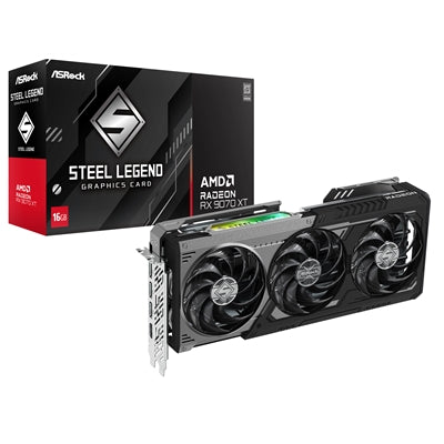 ASRock AMD Radeon RX 9070 XT Steel Legend Dark 16GB GDDR6 Graphics Card, 4096 Streams, 2970 MHz Boost Clock, Triple Fan, 3x DisplayPorts / 1x HDMI Port
