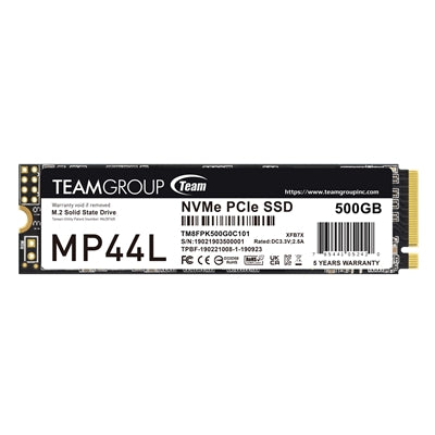 Team MP44L (TM8FPK500G0C101) 500GB NVMe SSD, PCIe Gen4, M.2 Interface, 2280, Read 5000 MB/s, Write 3700 MB/s, 5 Year Warranty