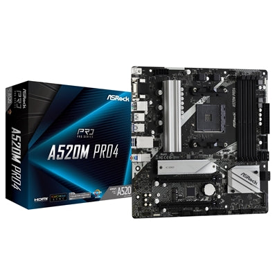 ASRock A520M PRO4 Super Alloy AMD AM4 Socket Motherboard, Micro-ATX, 4x DDR4 Slots, 1x M.2 Socket, GbE LAN, 1x D-Sub / 1x DisplayPort / 1x HDMI Port