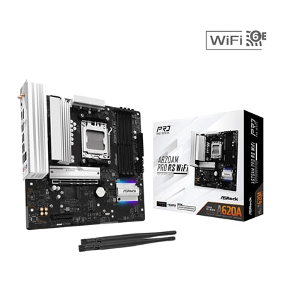 ASRock A620AM Pro RS WiFi AMD AM5 Socket Motherboard, Micro-ATX, 4x DDR5 Slots, 3x M.2 Sockets, 2.5GbE LAN, Wi-Fi 6E, 1x HDMI Port / 1x DisplayPort