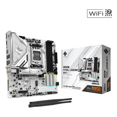 ASRock B850M Steel Legend WiFi AMD AM5 Socket Motherboard, Micro-ATX, 4x DDR5 Slots, 3x M.2 Sockets, Fitted I/O Shield, 2.5GbE LAN, Wi-Fi 7, 1x DisplayPort / 1x HDMI Port
