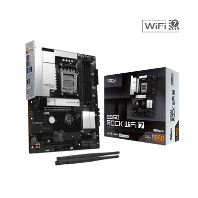 ASRock B850 Rock WiFi 7 AMD AM5 Socket Motherboard, ATX, 4x DDR5 Slots, 2x M.2 Sockets, Fitted I/O Shield, 2.5GbE LAN, Wi-Fi 7, 1x HDMI Port