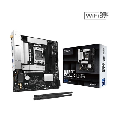 ASRock B860M Rock WiFi Intel 1851 Socket Motherboard, Micro-ATX, 2x DDR5 Slots, 2x M.2 Socket, Fitted I/O Shield, 2.5GbE LAN, Wi-Fi 6E, 1x DisplayPort / 1x HDMI Port