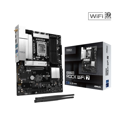 ASRock B860 Rock WiFi 7 Intel 1851 Socket Motherboard, ATX, 4x DDR5 Slots, 3x M.2 Sockets, Fitted I/O Shield, 2.5GbE LAN, Wi-Fi 7, 1x HDMI Port