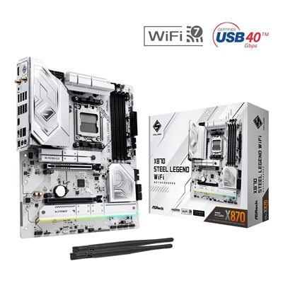 ASRock X870 STEEL LEGEND WIFI AMD AM5 Socket Motherboard, ATX, 4x DDR5 Slots, 3x M.2 Sockets, Fitted I/O Shield, 2.5GbE LAN, Wi-Fi 7, 1x HDMI Port / 2x USB-C (USB4)