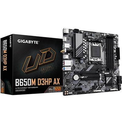 Gigabyte B650M D3HP AX Ultra Durable AMD AM5 Socket Motherboard, Micro-ATX, 4x DDR5 Slots, 2x M.2 Sockets, 2.5GbE LAN, Wi-Fi 6E, 2x DisplayPorts / 1x HDMI Port