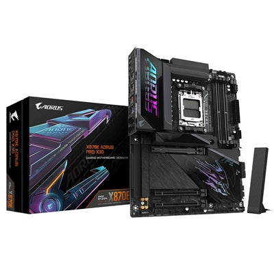 Gigabyte X870E AORUS PRO X3D AMD AM5 Socket Motherboard, ATX, 4x DDR5 Slots, 4x M.2 Sockets, Fitted I/O Shield, 5GbE LAN, Wi-Fi 7, 1x HDMI Port / 2x USB-C (USB4)