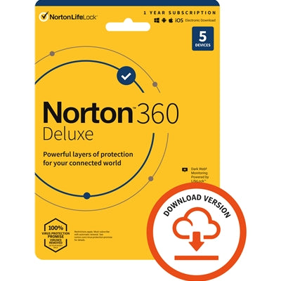 Norton 360 Deluxe, Antivirus Software for 5 Devices, 1-year Subscription, Includes Secure VPN, Password Manager and 50GB of Cloud Storage, PC/Mac/iOS/Android, Activation Code by email - ESD