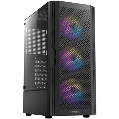 ANTEC AX20 Case, Black, Mid Tower, 1 x USB 3.0 / 2 x USB 2.0, Tempered Glass Side Window Panel, Slanted Bar & Mesh Design for Massive Airflow, 3 x RGB LED Fans Included, ATX, Micro ATX, Mini-ITX