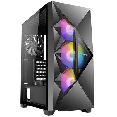 ANTEC DF800 FLUX Case, Gaming, Black, Mid Tower, 2 x USB 3.0, Tempered Glass Side Window Panel, Geometrical Mesh Design & Mirror Surface Front Panel, Addressable RGB LED Fans, Patented F-LUX Platform Cooling Solution, ATX, Micro ATX, Mini-ITX