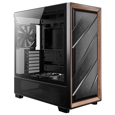 Antec FLUX Mid Tower PC Case - Tempered Glass, Black/Wood, 5 PWM Fans, USB-C, E-ATX/ATX/mATX/ITX Compatibility