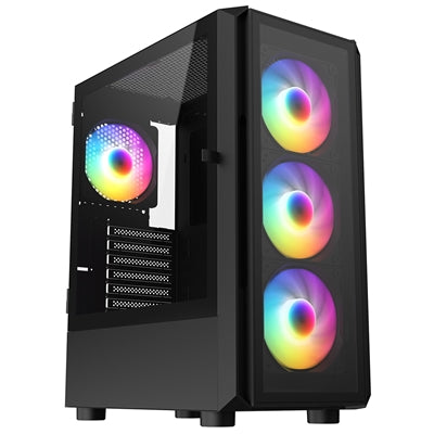 CRONUS Achos V2 Case, Gaming, Black, Mid Tower, 1 x USB 3.0 / 2 x USB 2.0, Tempered Glass Side & Front Window Panels, Addressable RGB LED Fans, ATX, Micro ATX, Mini-ITX, 4x fans included