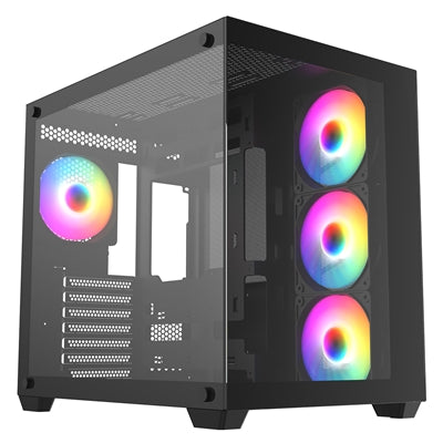 CRONUS Pallas Case, Gaming, Black, Mid Tower, 1 x USB 3.0 / 2 x USB 2.0, Tempered Glass Front & Side Window Panels, RGB LED Fans, ATX, Micro ATX, Mini-ITX, Stealth Motherboard Compatible