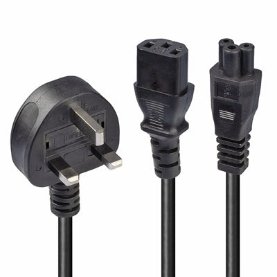 Lindy 30374 2.5m UK 3 Pin Plug To IEC C13 (Kettle) & IEC C5 (Clover) 10 Amp Mains Splitter Extension Cable - Black