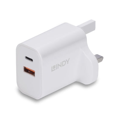 LINDY 73425 30W USB Type A & C Charger UK Plug, 3A, Power Delivery 3.0 + PPS, 2 Output Connectors (USB, 24 pin USB-C), White