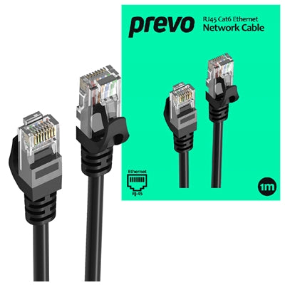 Prevo CAT6-BLK-1M Network Cable, RJ45 (M) to RJ45 (M), CAT6, 1m, Black, Oxygen Free Copper Core, Sturdy PVC Outer Sleeve & Clip Protector, Retail Box Packaging