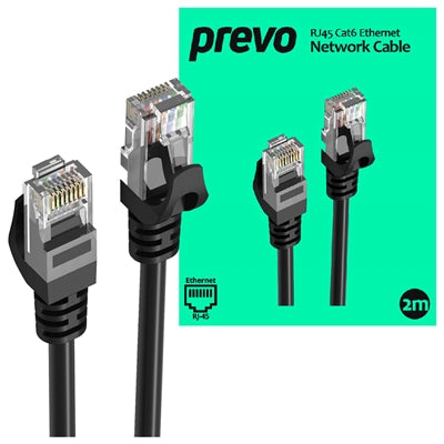 Prevo CAT6-BLK-2M Network Cable, RJ45 (M) to RJ45 (M), CAT6, 2m, Black, Oxygen Free Copper Core, Sturdy PVC Outer Sleeve & Clip Protector, Retail Box Packaging