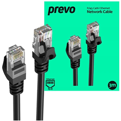 Prevo CAT6-BLK-3M Network Cable, RJ45 (M) to RJ45 (M), CAT6, 3m, Black, Oxygen Free Copper Core, Sturdy PVC Outer Sleeve & Clip Protector, Retail Box Packaging