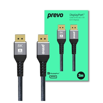 Prevo DP14-2M DisplayPort Cable, DisplayPort 1.4 (M) to DisplayPort 1.4 (M), 2m, Black & Grey, Supports Displays up to 8K@60Hz, Robust Braided Cable, Gold-Plated Connectors, Superior Design & Performance, Retail Box Packaging