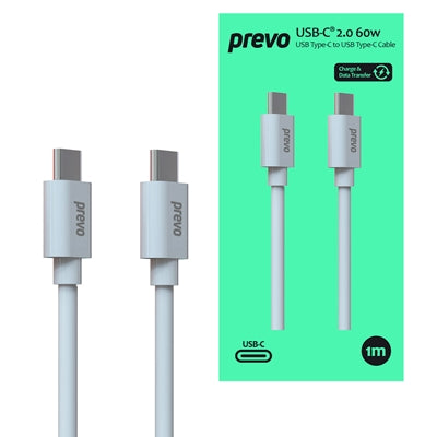 Prevo USB 2.0 60W C to C PVC cable, 20V/3A, 480Mbps, White, Superior Design & Performance, Retail Box Packaging