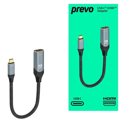 Prevo USBC-HDMI-ADA Display Converter Adapter, USB Type-C (M) to HDMI (F), 0.2m, Black & Silver, HDMI 2.0, Supports up to 4K@60Hz, Braided Cable, Retail Box Packaging