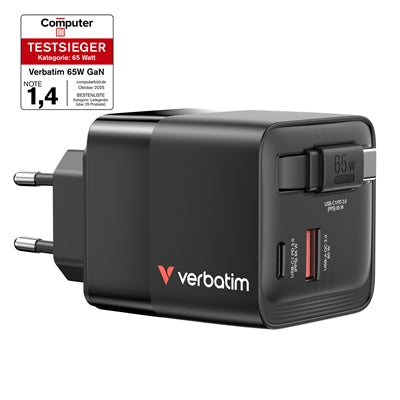 Verbatim GaN Wall Charger 65W 2 Port with Retractable Cable