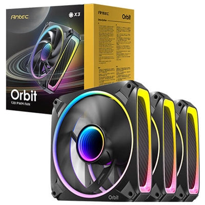 Antec Orbit 120 ARGB 120 mm PWM Fan Triple Pack  - 120 mm x 28 mm, Fluid Dynamic Bearing, 200-2000 RPM, 66.72 CFM, aRGB Lighting, Anti-Vibration Pads
