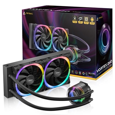 ANTEC Vortex 240 ARGB AiO Liquid CPU Cooler, Universal Socket, 240mm Radiator, PWM 2000RPM Fusion ARGB Cooling Fans, Addressable RGB LED Lighting with Suspended Spiral Pump Head Design