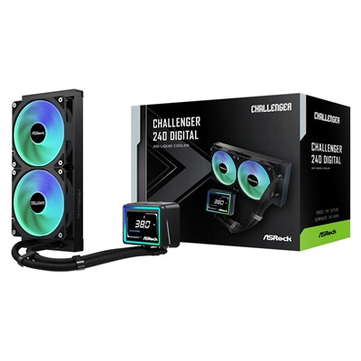 ASRock Challenger 240 Digital AIO Liquid CPU Cooler, 240mm Radiator, Dual 120mm PWM ARGB Fans, 3" Digital Display, Intel LGA1700/1851 & AMD AM5/AM4 Compatible