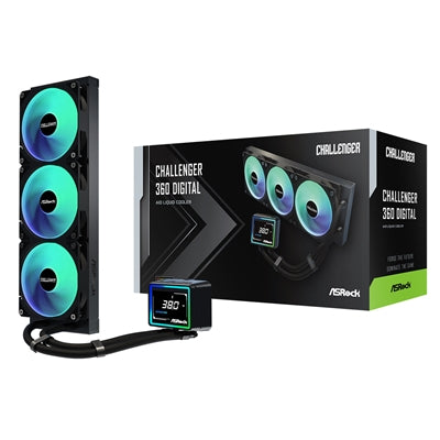 ASRock Challenger 360 Digital AIO Liquid CPU Cooler, 360mm Radiator, Triple 120mm PWM ARGB Fans, 3? Digital Display, Intel LGA1700/1851 & AMD AM5/AM4 Compatible