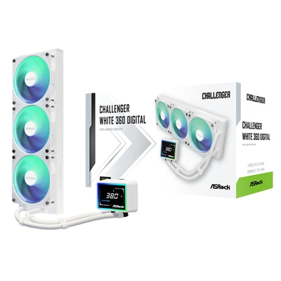 ASRock Challenger 360 Digital White AIO Liquid CPU Cooler, 360mm Radiator, Triple 120mm PWM ARGB Fans, 3? Digital Display, Intel LGA1700/1851 & AMD AM5/AM4 Compatible