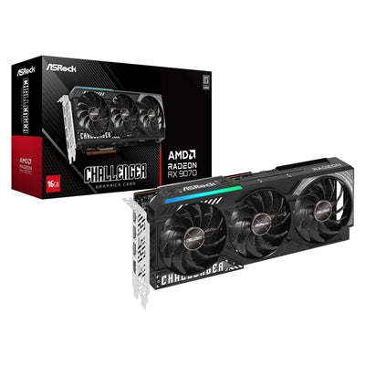 ASRock AMD Radeon RX 9070 Challenger OC 16GB GDDR6 Graphics Card, 3584 Streams, 2520 MHz Boost Clock, Triple Fan, RGB, 3x DisplayPorts / 1x HDMI Port