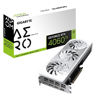 Gigabyte NVIDIA GeForce RTX 4060 Ti AERO OC 8G Graphics Card, 8GB GDDR6, 4352 CUDA Cores, 2580 MHz Core Clock, Triple Fan, White, RGB, 2x DisplayPorts / 2x HDMI Ports