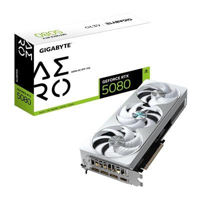 Gigabyte NVIDIA GeForce RTX 5080 AERO OC SFF 16GB GDDR7 Graphics Card, 10752 CUDA Cores, 2730 MHz Core Clock, Triple Fan, White, RGB, 3x DisplayPorts / 1x HDMI Port
