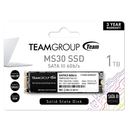 Team MS30 (TM8PS7001T0C101) 1TB, M.2 Sata Interface, Read 530MB/s, Write 480MB/s, 3 Year Warranty