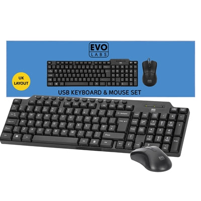 Evo Labs CM-501UK Wired Multimedia Keyboard and Mouse Combo Set, USB Plug and Play, Full Size Qwerty UK Layout Keyboard with Optical Sensor Mouse, Ideal for Home or Office, Black