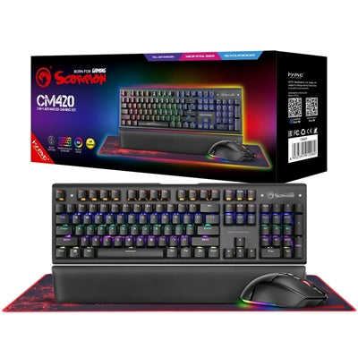 Marvo Scorpion CM420-UK 3-in-1 Gaming Bundle, Keyboard, Mouse and Mouse Pad Wired USB 2.0,  RGB,  Mechanical, Blue Switch, Multimedia and Anti-ghosting Keys, UK Layout, 6400 dpi, Programmable RGB Mouse