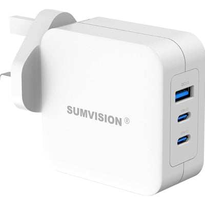 SUMVISION Universal 3 Port USB Laptop Wall Charger, 100W, GaN, Multiport USB Connections with Type-C, USB-A QC 3.0 Fast Charge & USB-A, Includes UK Plug, Suitable for USB-C Laptop Charging, UK Design and Free UK Tech Support