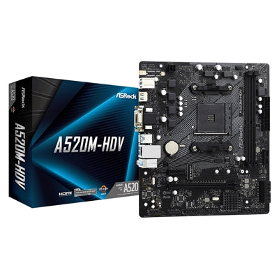 ASRock A520M-HDV Super Alloy AMD AM4 Socket Motherboard, Micro-ATX, 2x DDR4 Slots, 1x M.2 Socket, GbE LAN, 1x D-Sub / 1x DVI-D / 1x HDMI Port