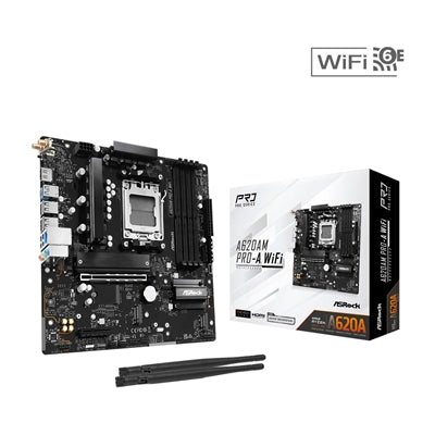 ASRock A620AM PRO-A WIFI AMD AM5 Socket Motherboard, Micro-ATX, 4x DDR5 Slots, 3x M.2 Sockets, 2.5GbE LAN, Wi-Fi 6E, 1x HDMI Port
