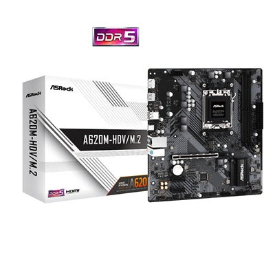 ASRock A620M-HDV/M.2 AMD AM5 Socket Motherboard, Micro-ATX, 2x DDR5 Slots, 1x M.2 Socket, GbE LAN, 1x DisplayPort / 1x HDMI Port