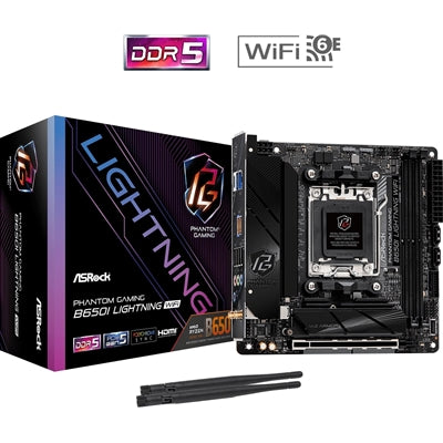 ASRock B650I LIGHTNING WIFI AMD AM5 Socket Motherboard, Mini-ITX, 2x DDR5 Slots, 2x M.2 Sockets, 2x USB-C Port, Fitted I/O Shield, 2.5GbE LAN, Wi-Fi 6E, 1x HDMI Port