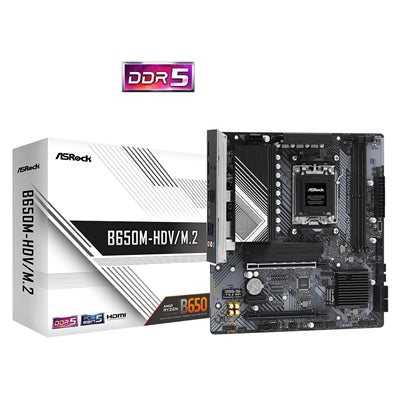ASRock B650M-HDV/M.2 AMD AM5 Socket Motherboard, Micro-ATX, 2x DDR5 Slots, 2x M.2 Sockets, Fitted I/O Shield, 2.5GbE LAN, 1x DisplayPort / 1x HDMI Port