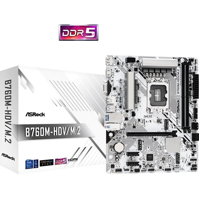 ASRock B760M-HDV/M.2 Intel 1700 Socket Motherboard, Micro-ATX, 2x DDR5 Slots, 2x M.2 Sockets, 2.5GbE LAN, 1x D-Sub / 1x DisplayPort / 1x HDMI Port