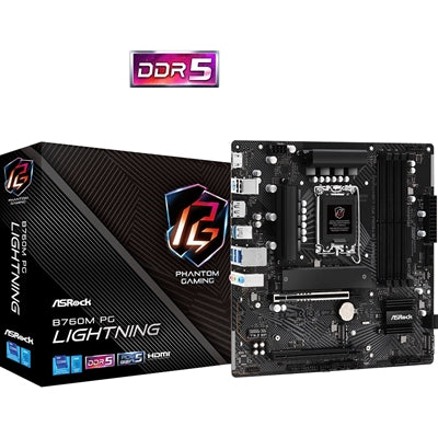 ASRock B760M PG Lightning Intel 1700 Socket Motherboard, Micro-ATX, 4x DDR5 Slots, 4x M.2 Sockets, 1x USB-C Port, 2.5GbE LAN, 1x DisplayPort / 1x HDMI Port